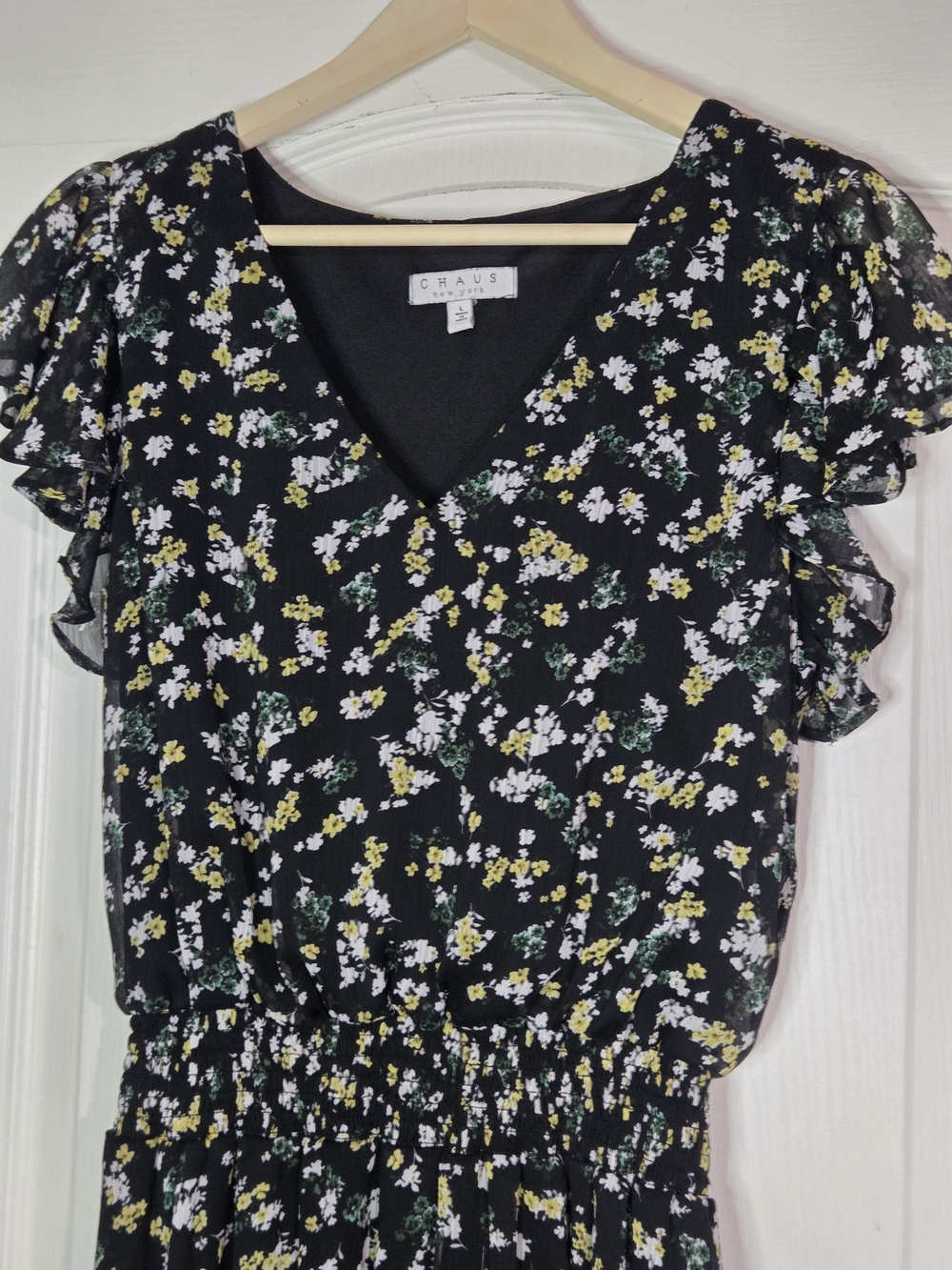 Black Floral Chiffon Midi Dress - Flutter Sleeves & Smocked Waist Size Large - Picture 4 of 8